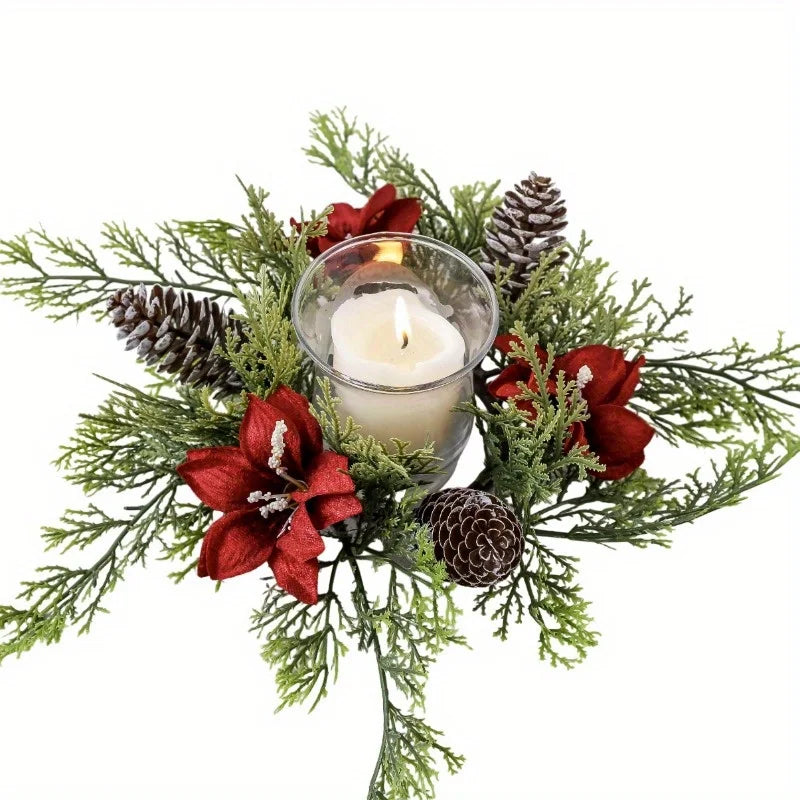 Christmas Floral Wreath Candle Holder | Holiday Centerpiece Wreath Candle Holder Babs
