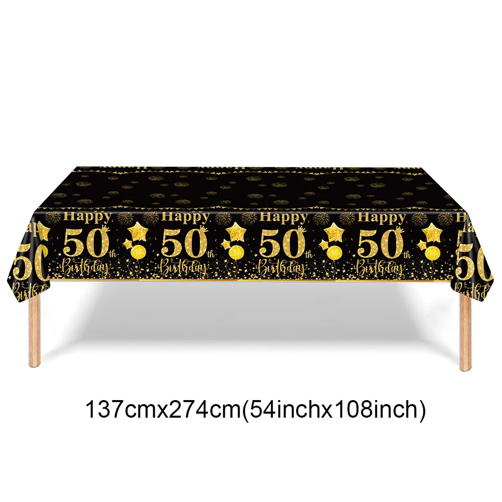 50th Birthday Party Decorations – Black & Gold Tableware Set Party Tableware Set Babs tablecloth