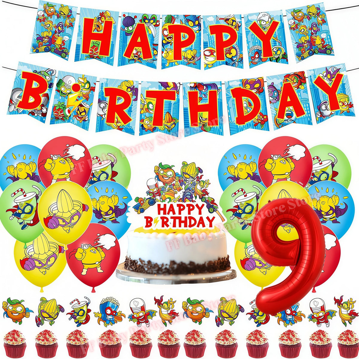 Superthings Party Balloons, Cake Toppers & Backdrop Set – 6pcs Party Decoration Set Babs 31pcs number-9 others