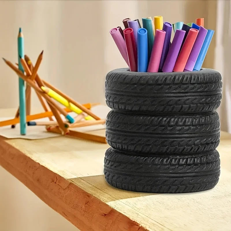 Tire Shaped Pen Holder – Black PVC Desktop Organizer Desktop Pen Holder Babs