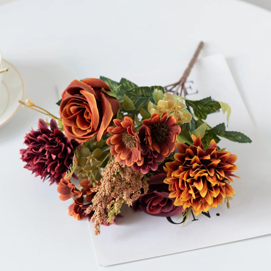 Silk Roses & Chrysanthemum Artificial Bouquet | Home & Wedding Artificial Flower Bouquet Babs color 1 1pc