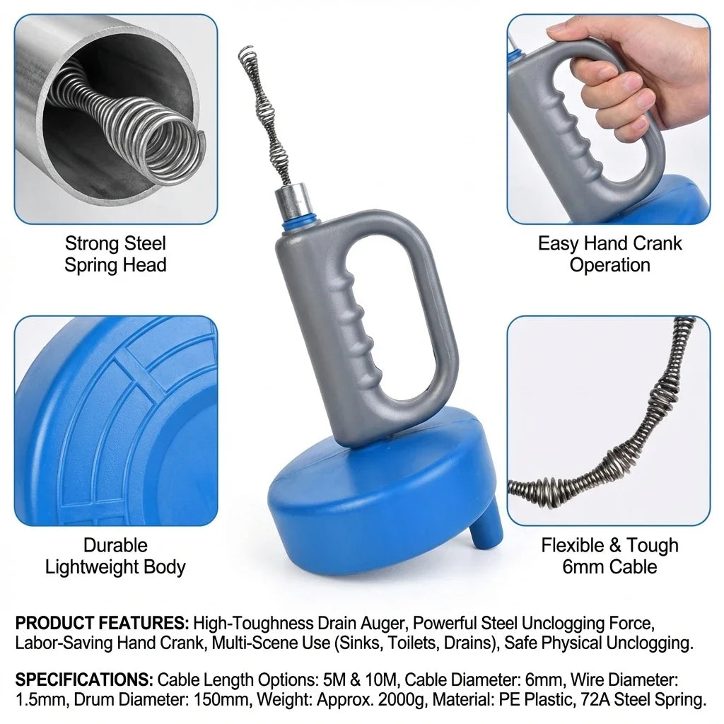 Extendable Drain Snake Unblocker 5M/10M – Sink & Toilet Drain Snake Tool Babs