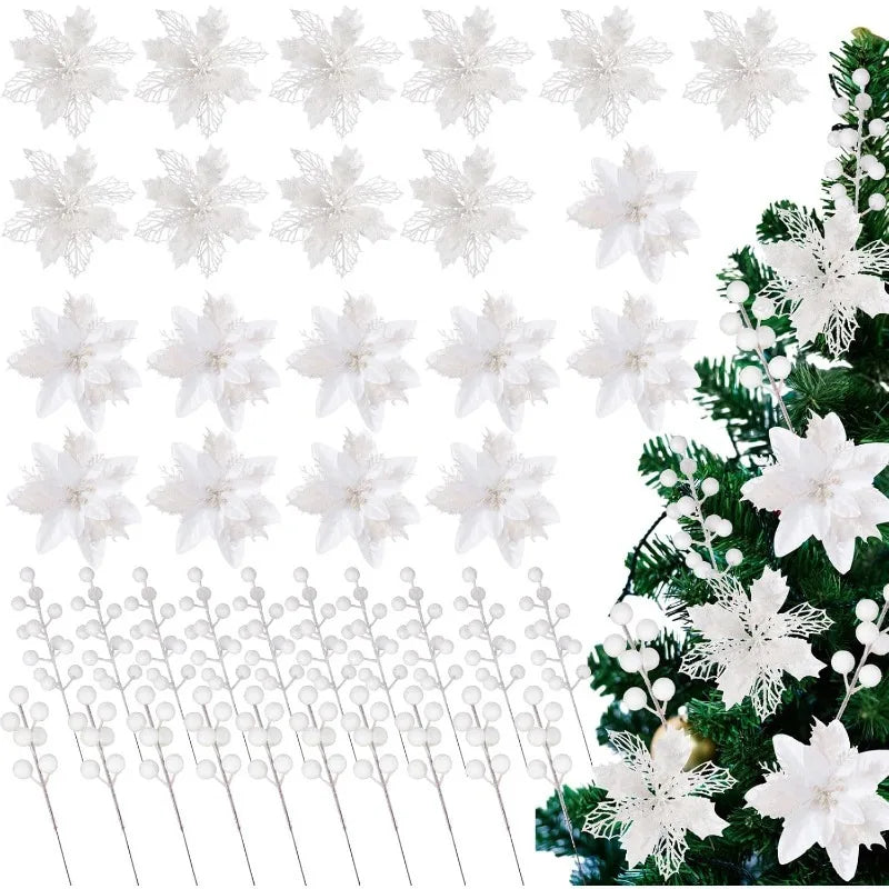 3Pcs White Glitter Artificial Flower Stems Christmas Tree Decor Christmas Tree Picks Babs White 3Pcs