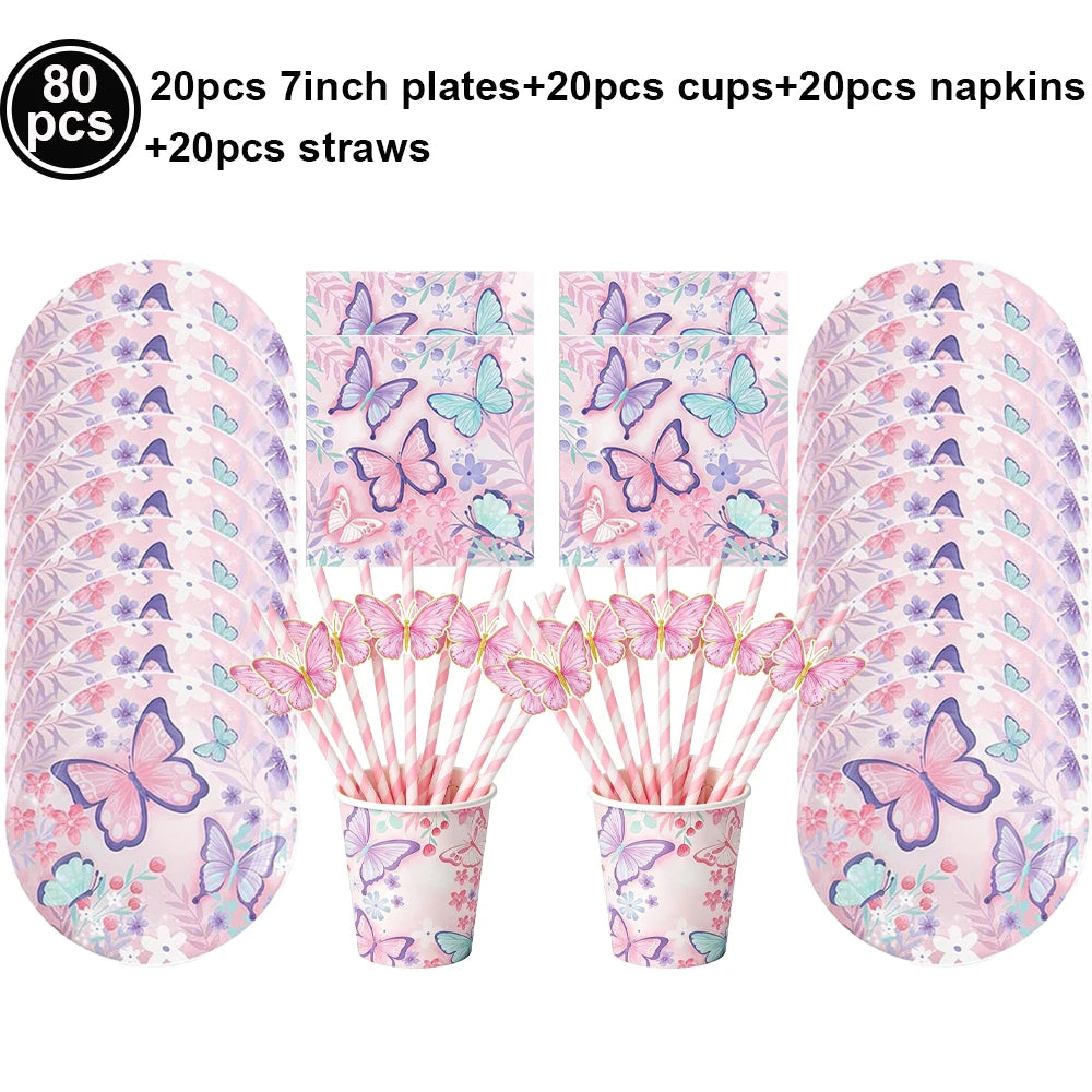 Butterfly Party Supplies Set – Plates, Cups & Foil Balloons