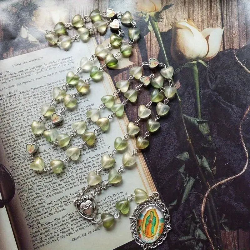 Acrylic Bead Catholic Rosary Necklace – Cross & Guadalupe Pendant Religious Rosary Necklace Babs