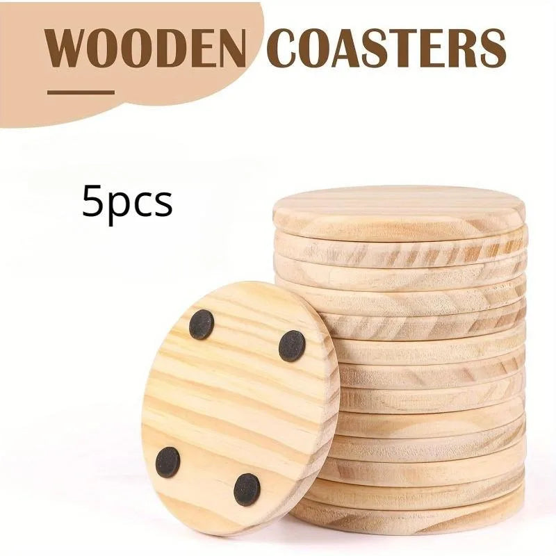 5-Pack 4" Round Wooden Coasters | Non-Slip, DIY Craft Ready Wooden Coaster Set Babs 5pcs M