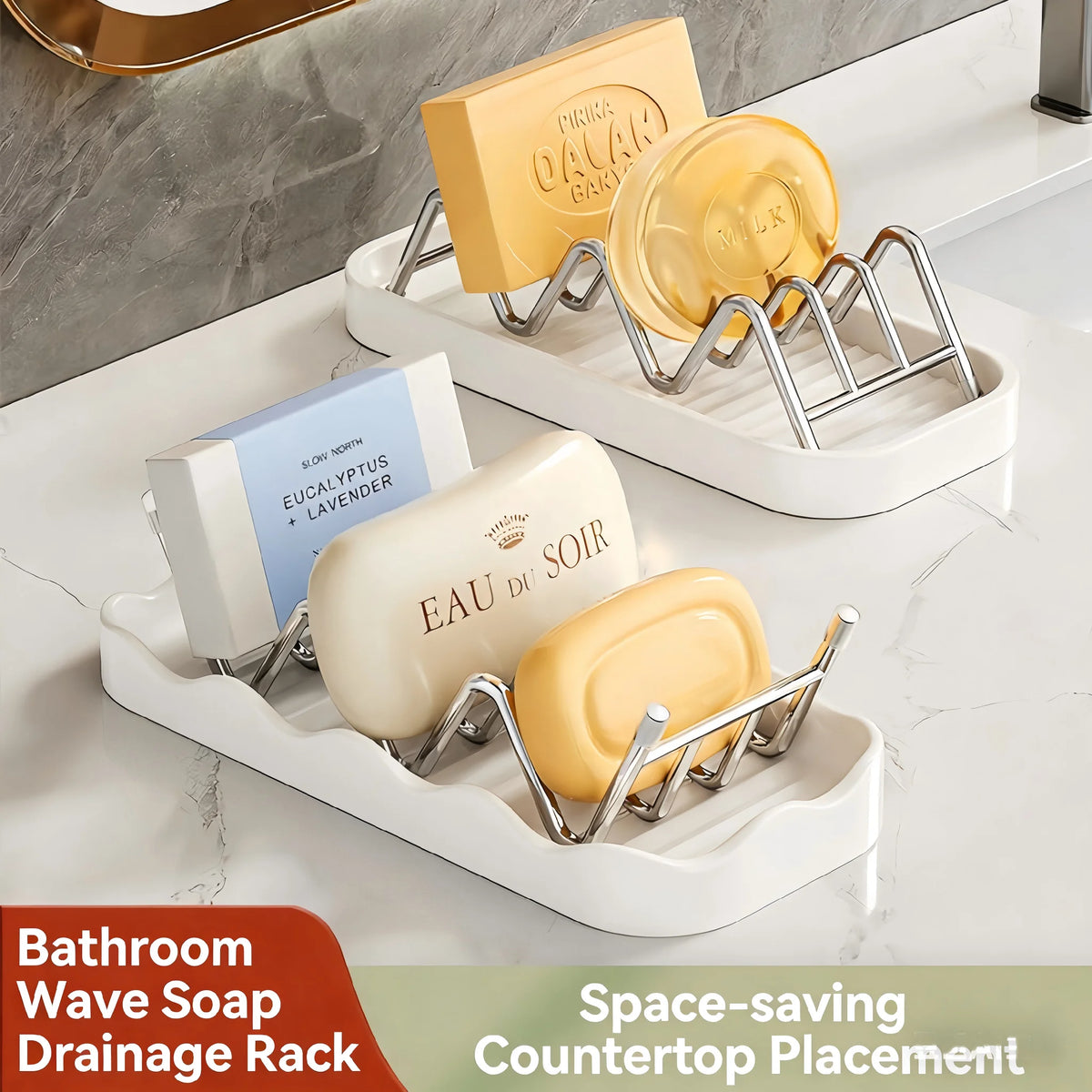 Wave Soap Tray – Drill-Free Bathroom Storage Rack | PC Plastic Soap Dish Tray Babs
