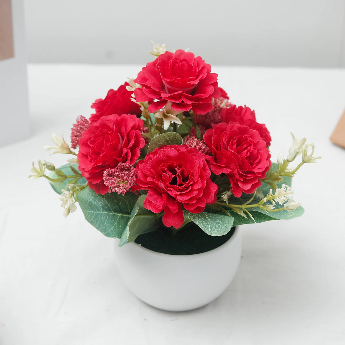 Peony Bonsai Artificial Silk Flowers Potted Plant Table Decor Artificial Flower Decor Babs Red