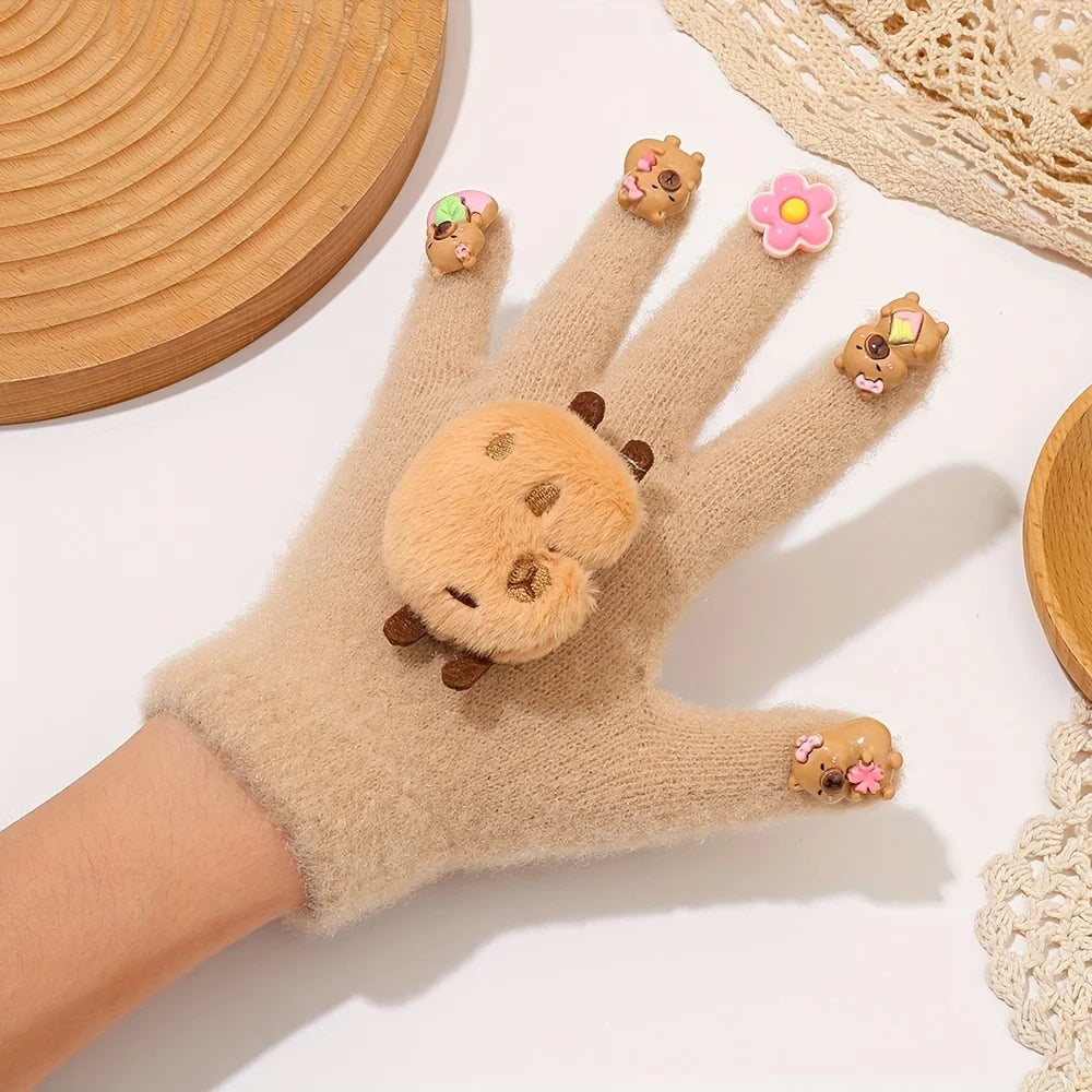 Cute Capybara Plush Knit Winter Gloves for Women Winter Knit Gloves Babs