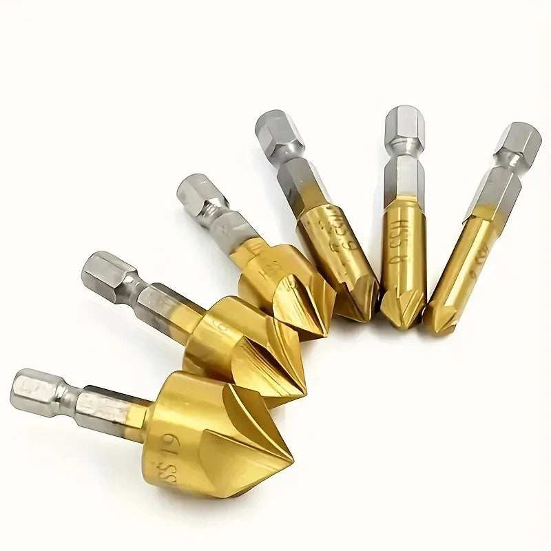 6PC Titanium HSS 5-Blade Countersink Drill Bit Set – Hex Shank Countersink Drill Bit Set Babs