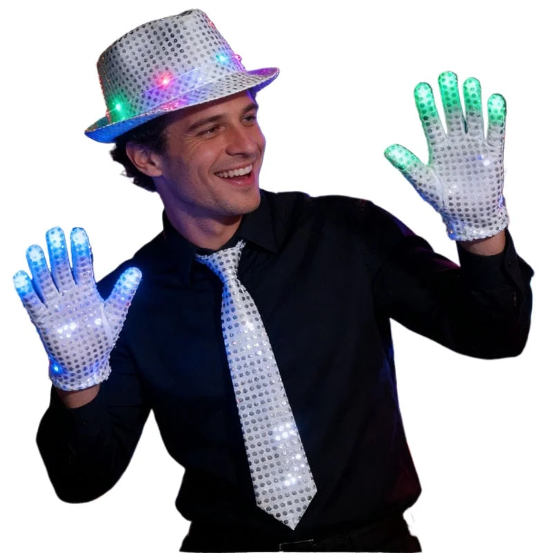 Adult LED Sequin Jazz Hat Tie & Gloves Party Costume Set LED Party Costume Set Babs