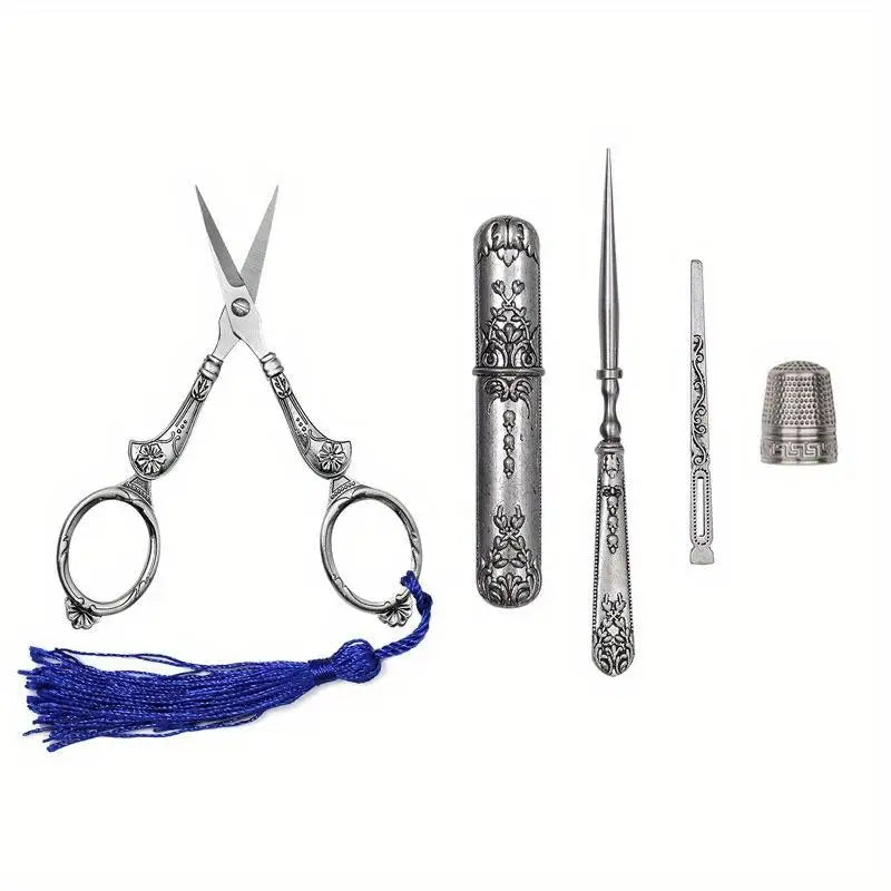 5-Piece Vintage Sewing Set – Scissors, Awl, Thimble & Case Sewing Tool Set Babs Silver