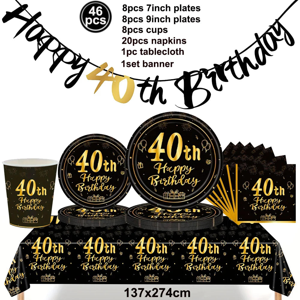 40th Birthday Party Decorations – Black & Gold Tableware Set Birthday Party Set Babs Tableware Set A