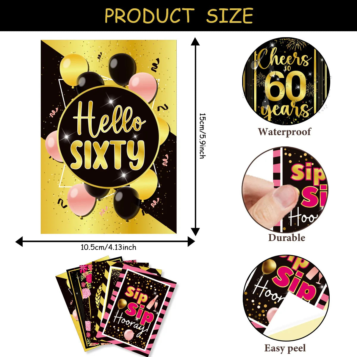 6pcs Black Gold 60th Birthday Water Bottle Labels & Stickers Birthday Party Stickers Babs