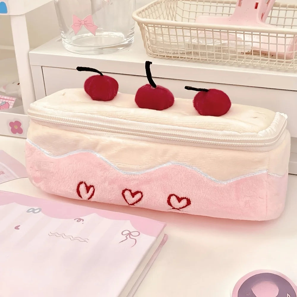Cute Cherry Cake Plush Pencil Case | Back to School Pouch Plush Pencil Case Babs Dark Grey