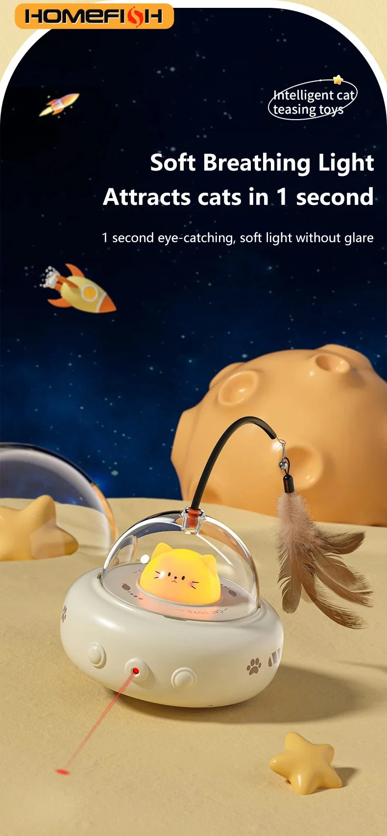 Electric UFO Cat Teaser Toy with Bell & Replaceable Feather Interactive Cat Toy Babs