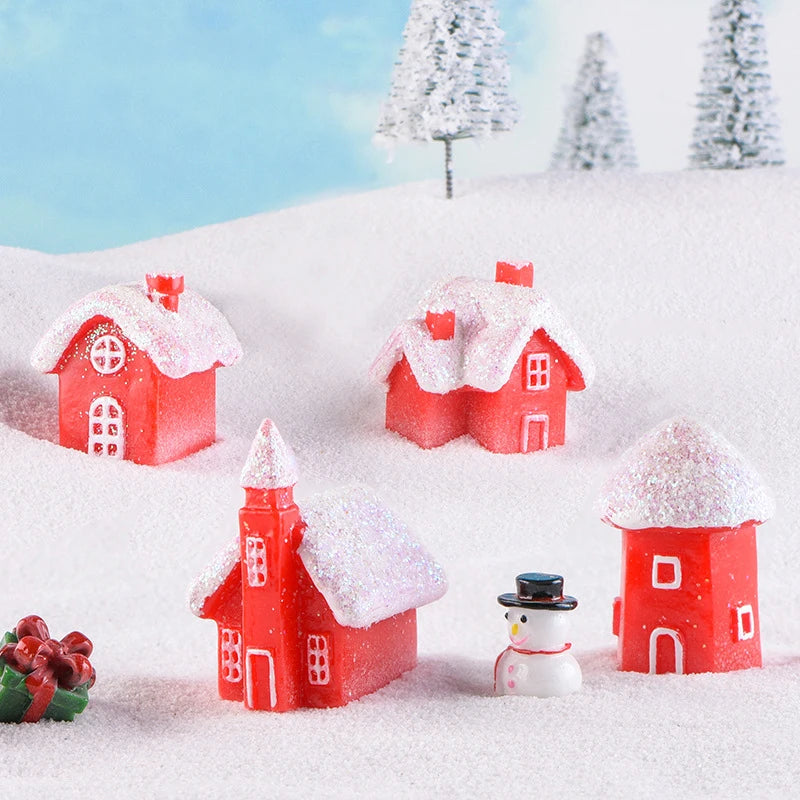 4pcs Christmas Village Resin Figurines – Snowy Miniature Houses Christmas Village Figurines Babs