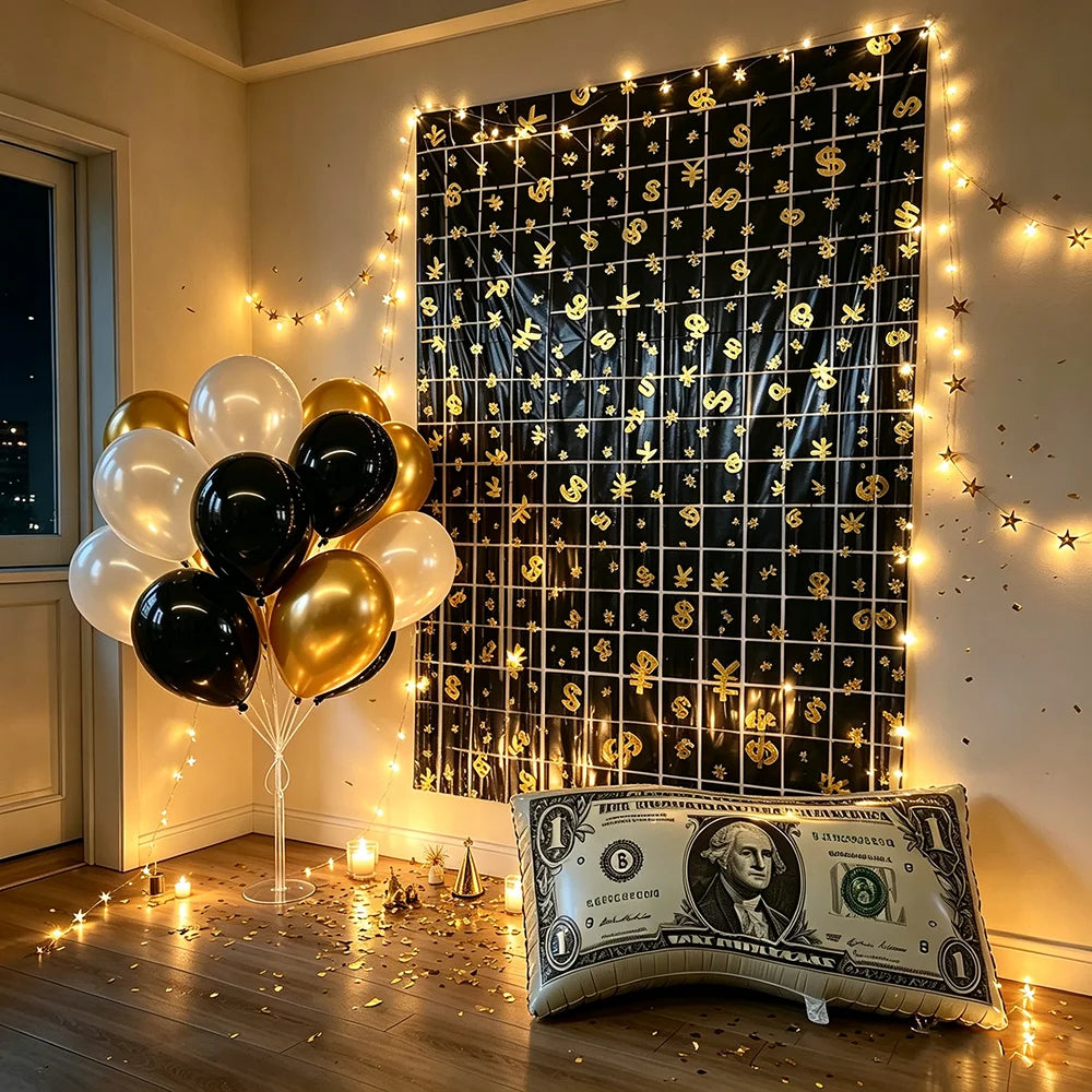 Dollar Sign Foil Curtain & Money Balloon Party Decor Set Party Decoration Set Babs