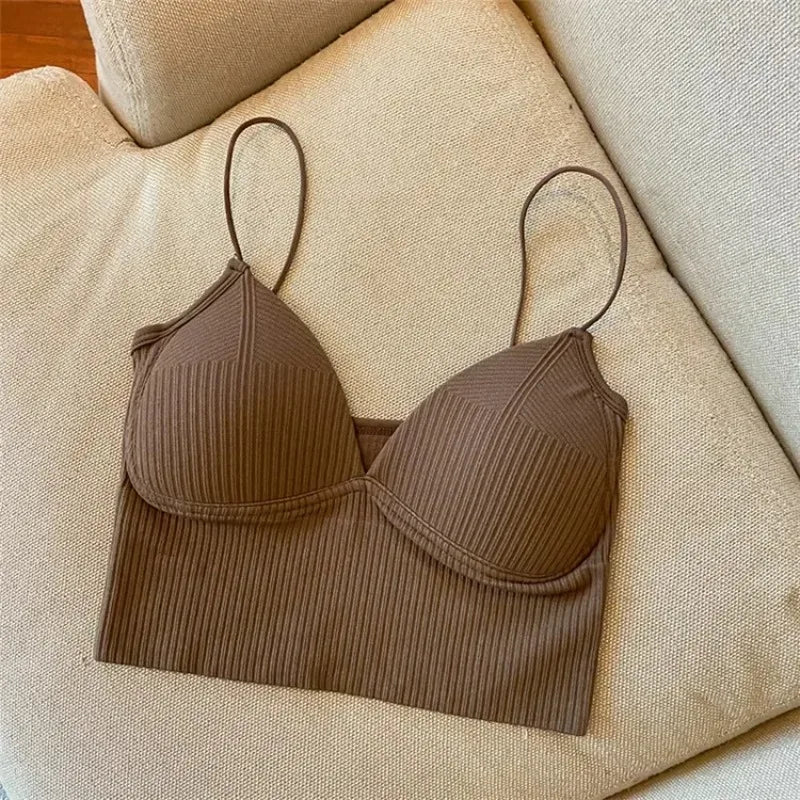 Ribbed Bralette Tank Top Built-In Cups Low Back Women's Cami Ribbed Bralette Tank Babs Brown-1PC One Size