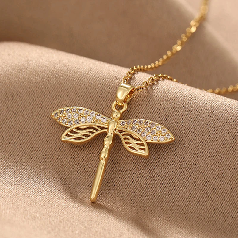 ZAKOL Gold Dragonfly Crystal Necklace – Stainless Steel Jewelry Crystal Pendant Necklace Babs Gold Color