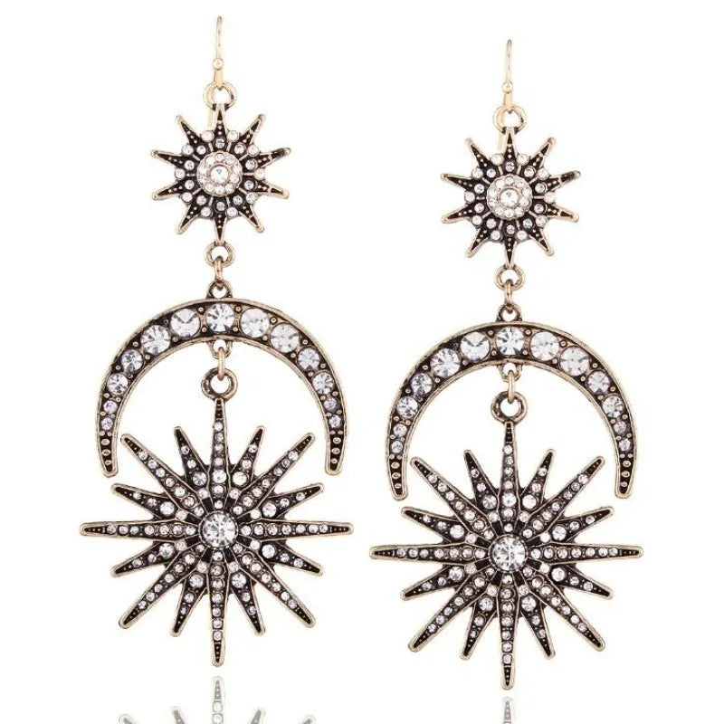 Sun Moon Stars Drop Earrings – Boho Rhinestone Statement Jewelry Drop Earrings Babs vintagegold