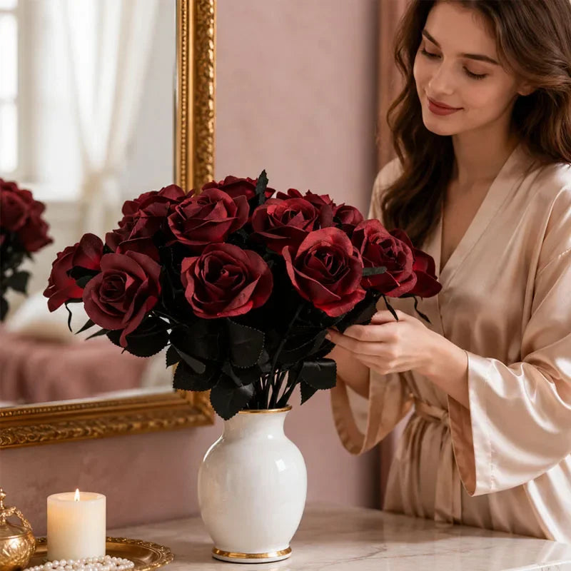 Premium Artificial Black Roses with Stems | Wedding & Halloween Artificial Flowers Babs