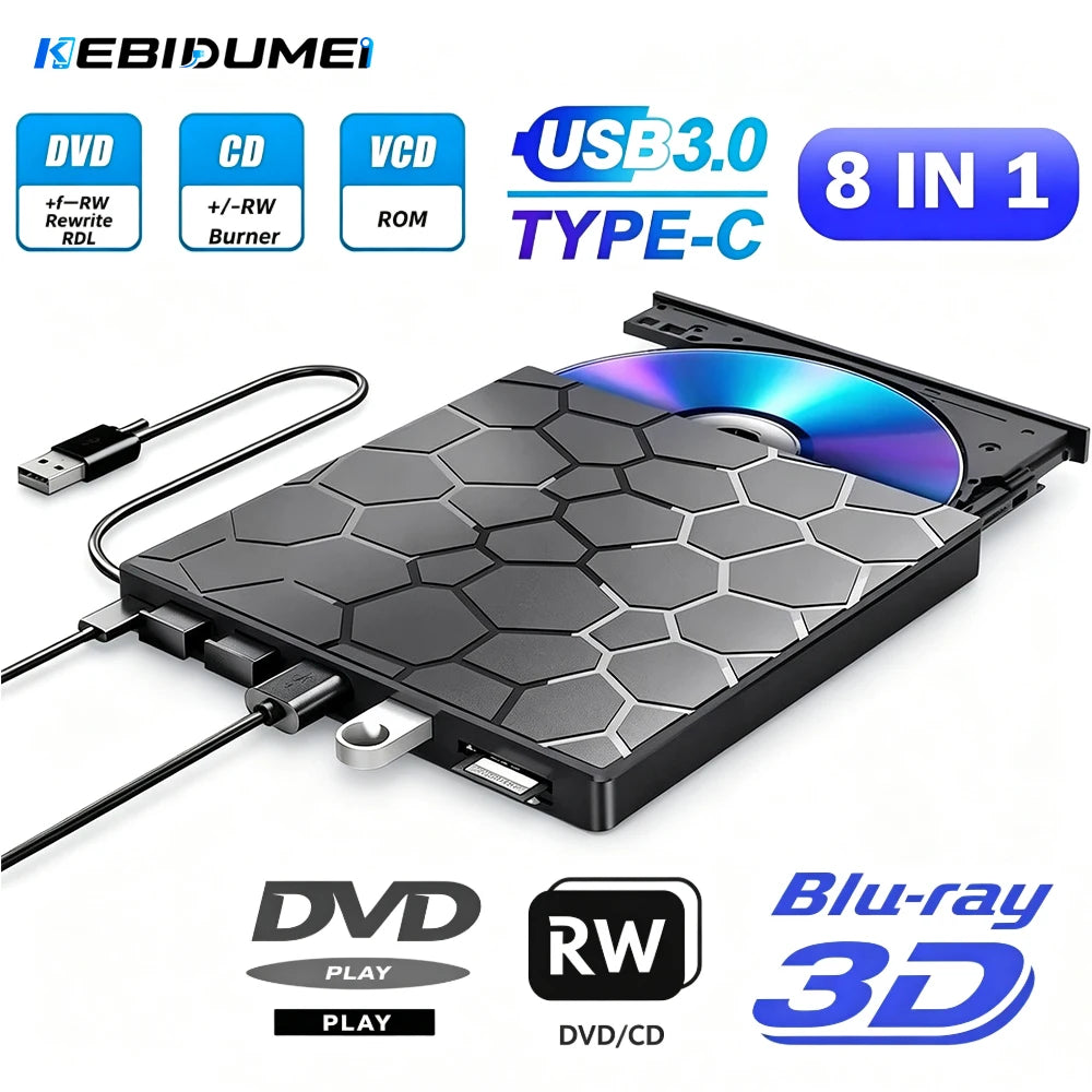 KEBIDUMEI 8-in-1 USB 3.0 External DVD CD Burner & Card Reader External Optical Drive Babs