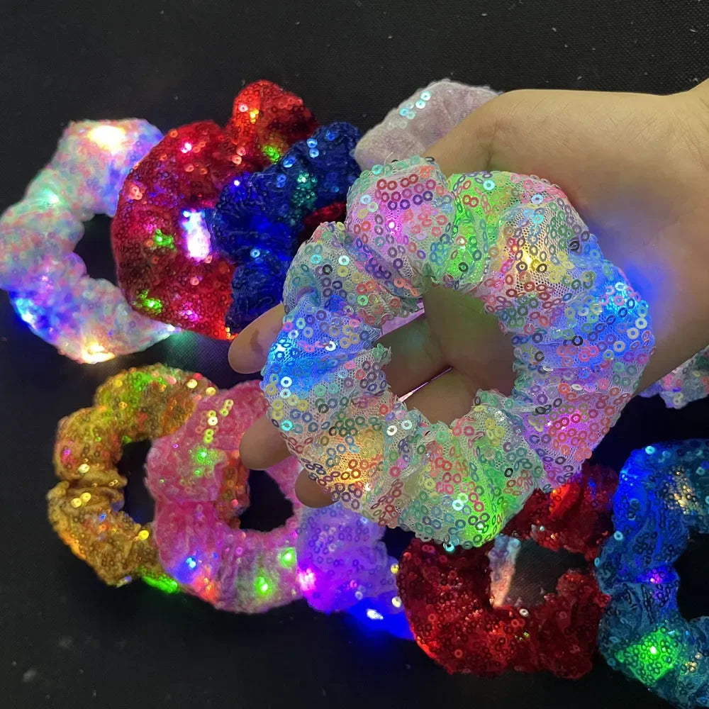20pcs LED Glow Sequin Hair Scrunchies – 3 Light Modes Party LED Hair Scrunchies Babs