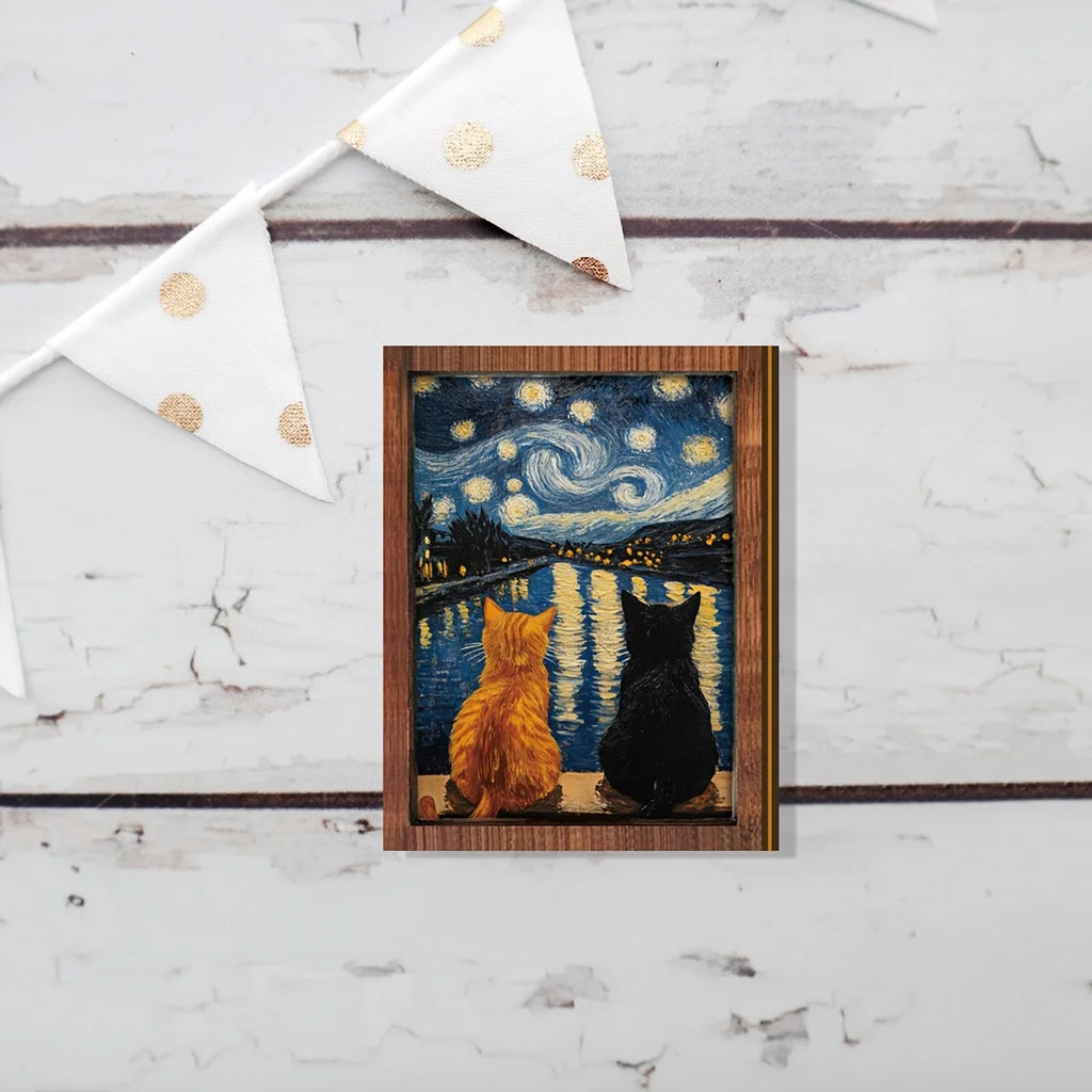 Mini Starry Night Cat Framed Art – Van Gogh Inspired Desk Decor Framed Desk Ornament Babs