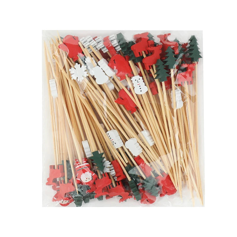 100Pcs Christmas Bamboo Food Skewers & Cupcake Toppers Holiday Party Picks Babs C