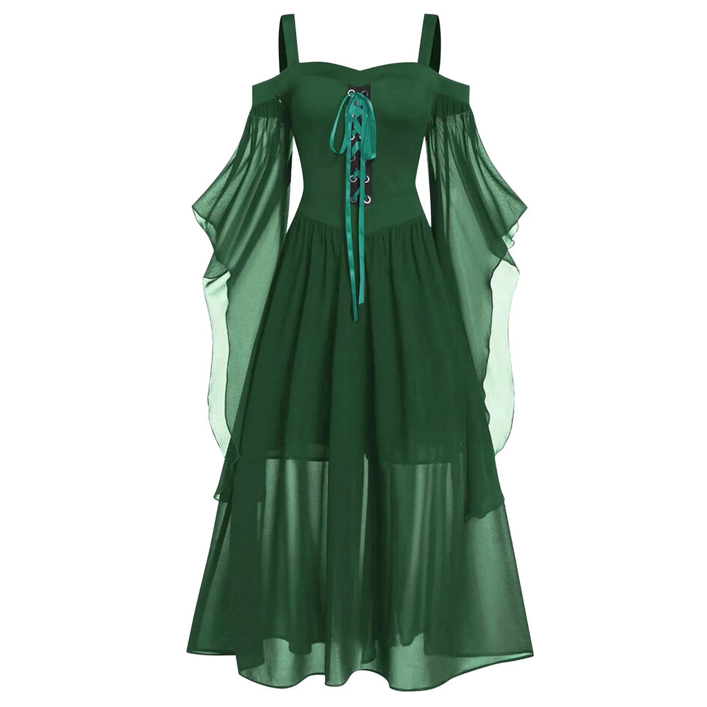 Women's Gothic Witch Costume Dress – Off-Shoulder Butterfly Sleeve Halloween Costume Dress Babs Green L