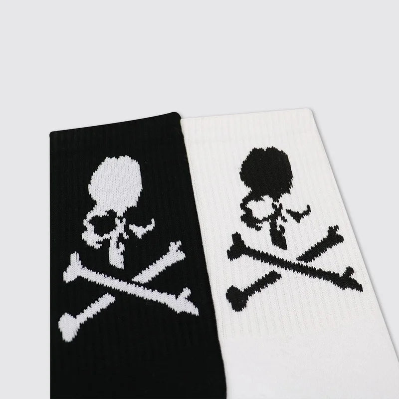 Hip Hop Skull Socks – Black & White Cotton Mid-Tube Women's Cotton Crew Socks Babs