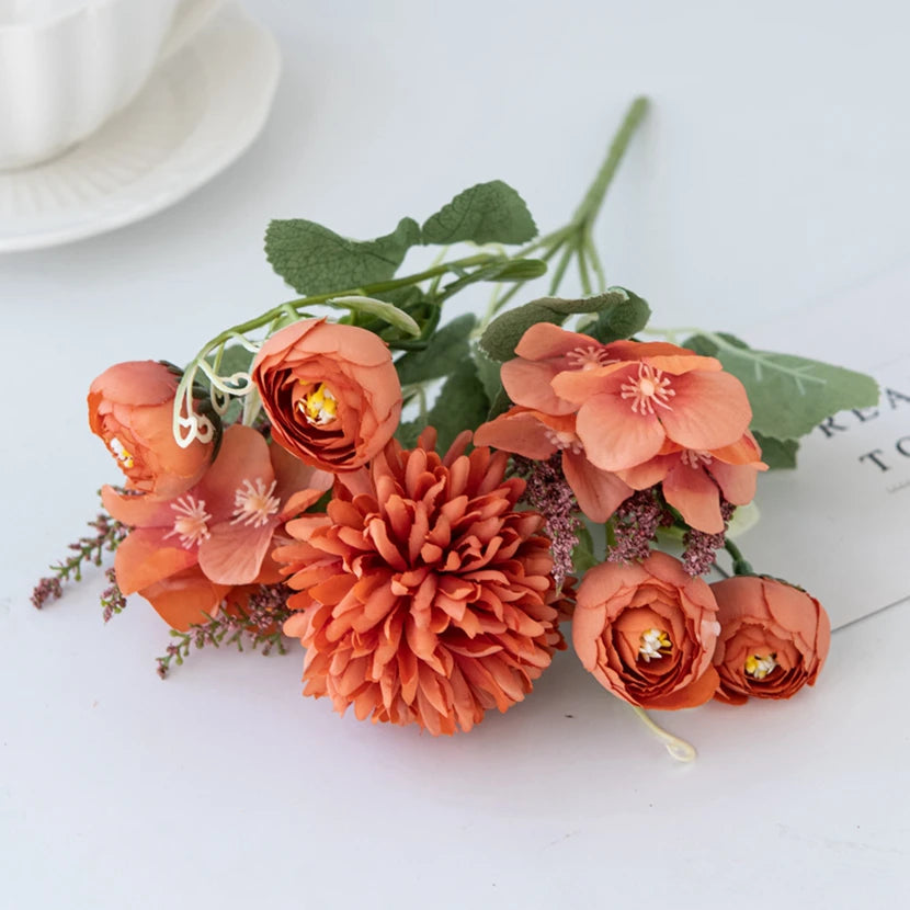 Silk Artificial Rose & Hydrangea Bouquet | Wedding Home Decor Artificial Flower Bouquet Babs Orange 2 pcs