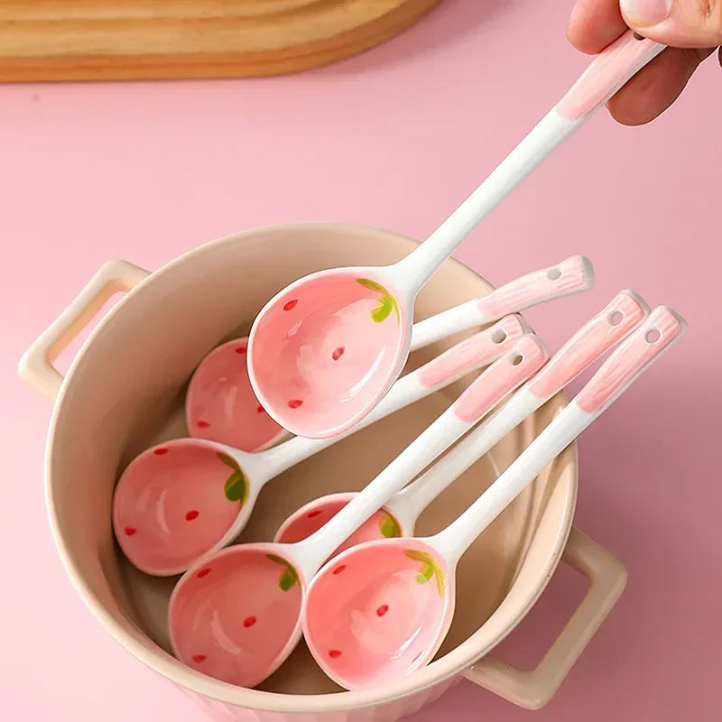 Kawaii Strawberry Ceramic Long Handle Spoon – Hand-Painted Ceramic Spoon Babs