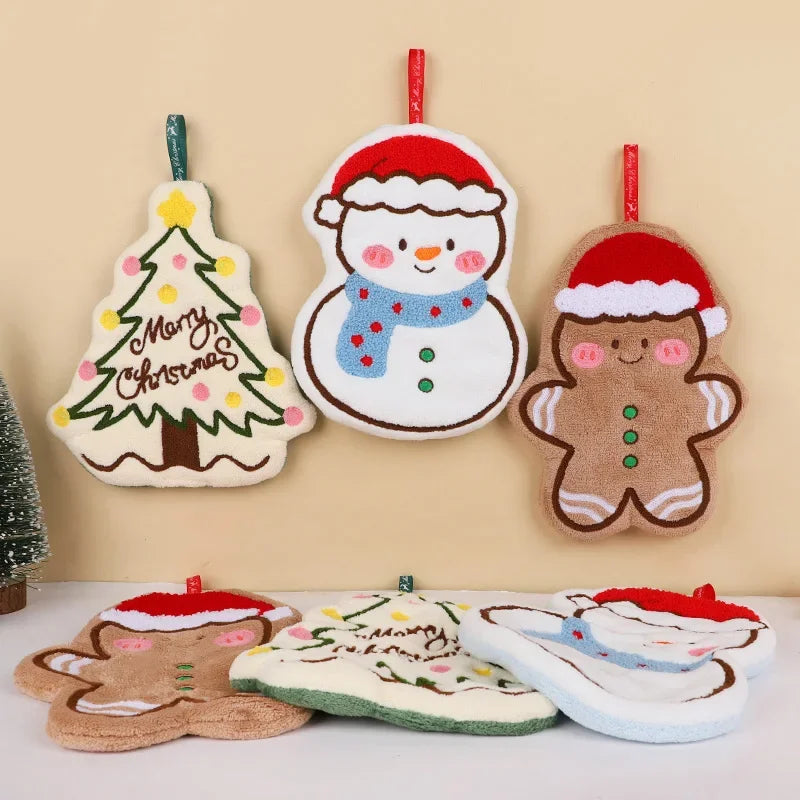 Christmas Coral Fleece Hand Towels – Snowman & Gingerbread Set Holiday Hand Towels Babs