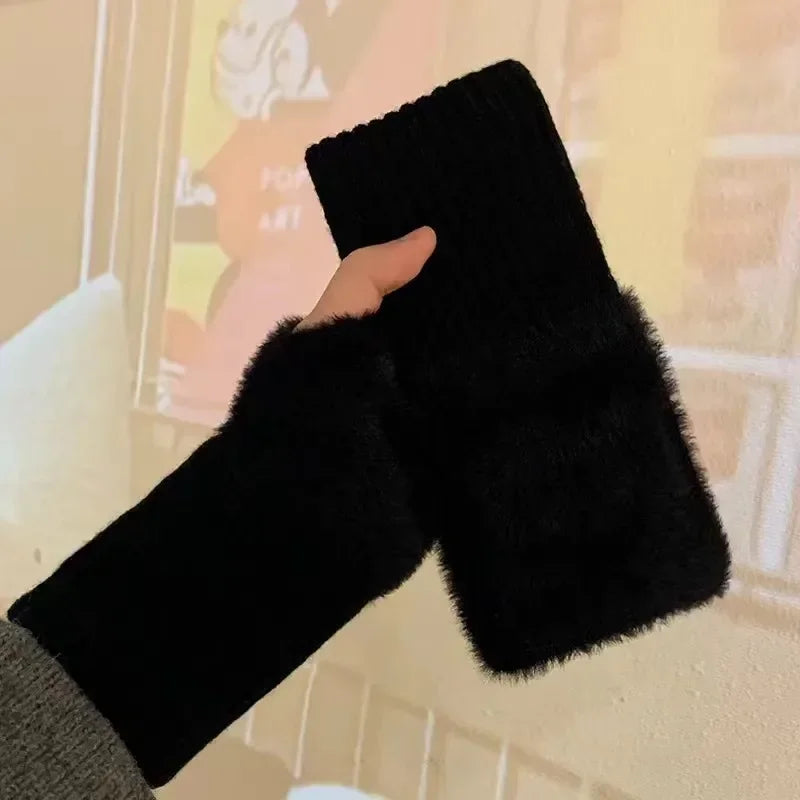 Women's Plush Half-Finger Gloves – Warm Cute Fingerless Winter Fingerless Winter Gloves Babs black