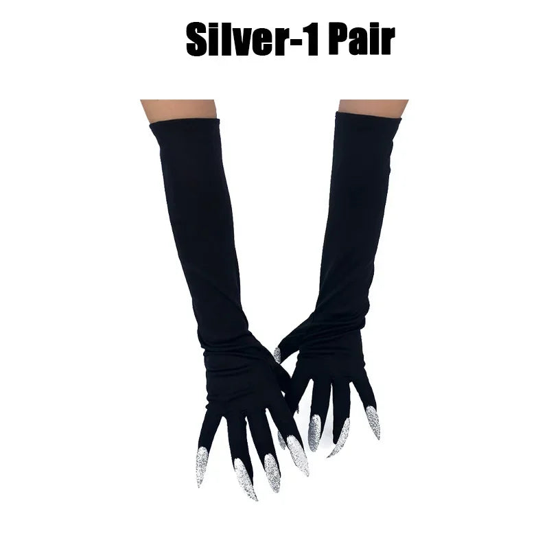 Scary Witch Claw Halloween Gloves – Long Nail Costume Mittens Halloween Costume Gloves Babs Silver-1Pair One Size