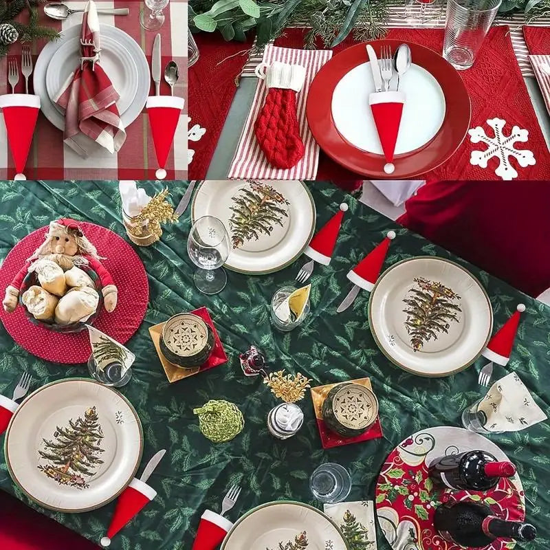 10 Mini Santa Hats – Christmas Cutlery & Wine Bottle Covers Christmas Decoration Set Babs