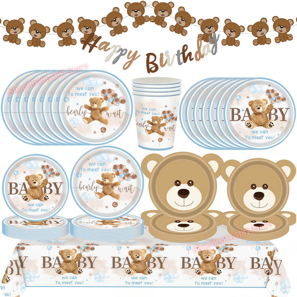Bear Birthday Party Decoration Set – Plates, Napkins & Banner Party Decoration Set Babs