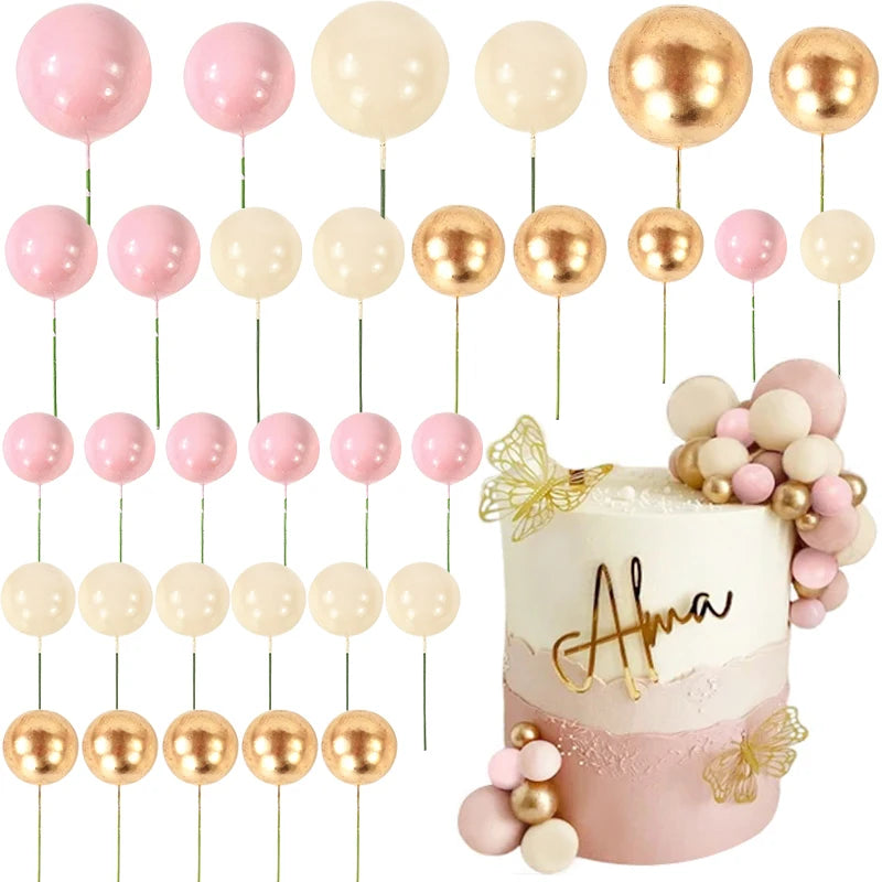 32Pcs Pink Gold Pearl Ball Cake Toppers – Party & Wedding Cake Topper Set Babs