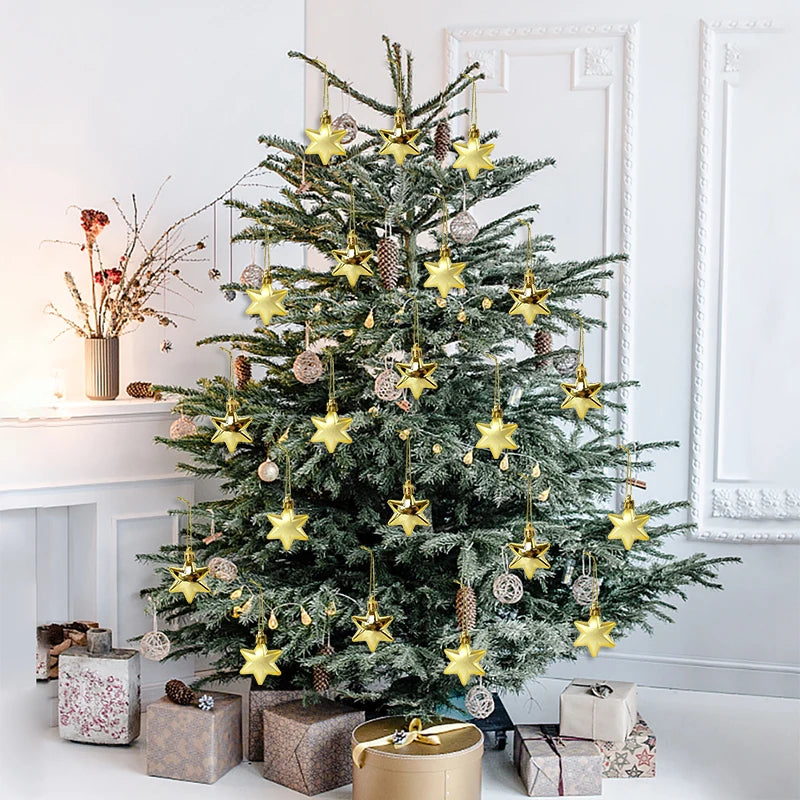 12Pcs Gold Star Christmas Ball Ornaments – Xmas Tree Décor Christmas Tree Ornaments Babs