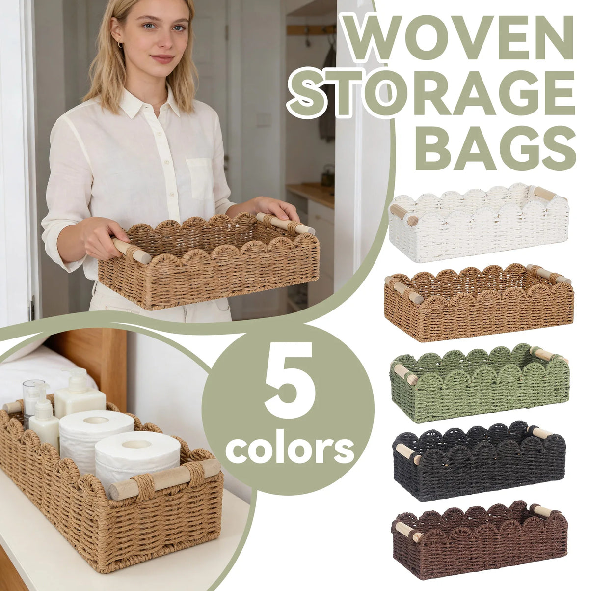 Scalloped Paper Rope Storage Basket with Wooden Handles Woven Storage Basket Babs