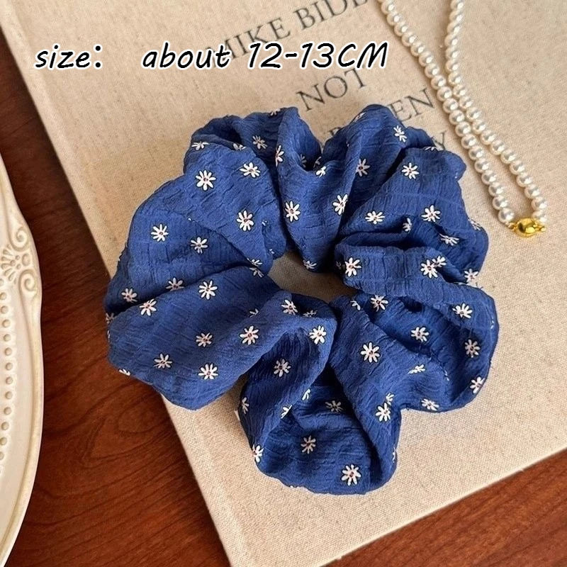 Korean Floral Hair Scrunchies – Blue & White Elastic Hair Ties Hair Scrunchies Babs