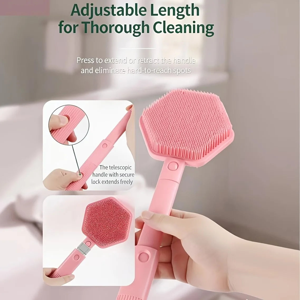 Double-Sided Shower Brush – Extendable Silicone Back Scrubber Bath Brush Babs