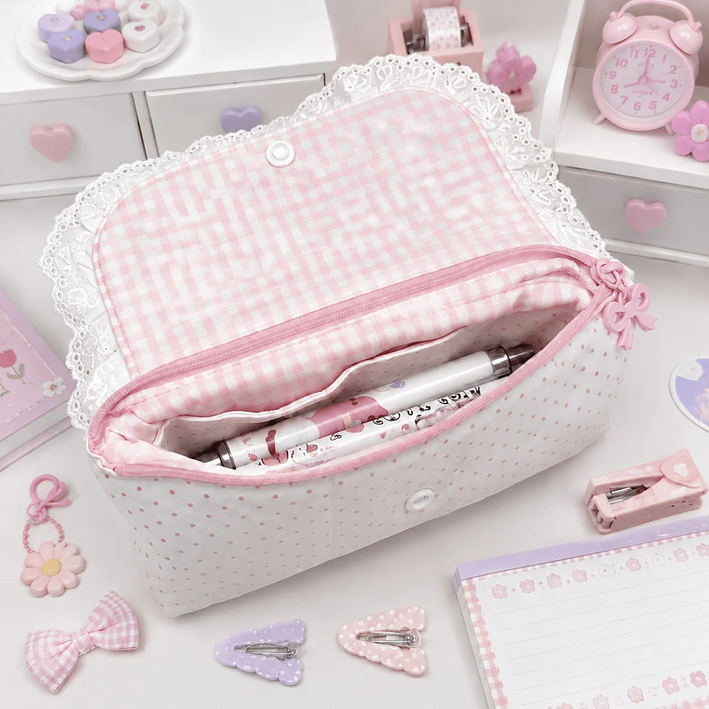 Pink Checkered Lace Pencil Case | Multifunctional Organizer Bag Pencil Case Organizer Babs