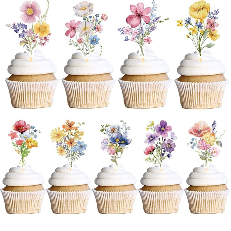18Pcs Boho Wildflower Cupcake Toppers – Birthday & Baby Shower Cupcake Toppers Babs