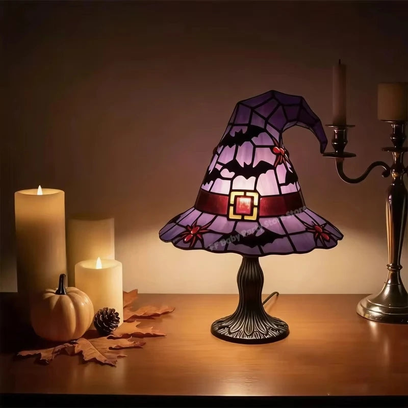 Stained Glass Witch Hat USB Night Light | Halloween Table Lamp Decorative Table Lamp Babs