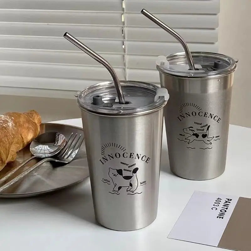 Large Stainless Steel Straw Cup with Lid – Hot & Cold Drinks Stainless Steel Tumbler Babs