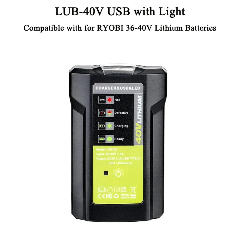 Ryobi 40V Battery Adapter USB Type-C 5V 2.1A LED Work Light Battery Power Adapter Babs USB