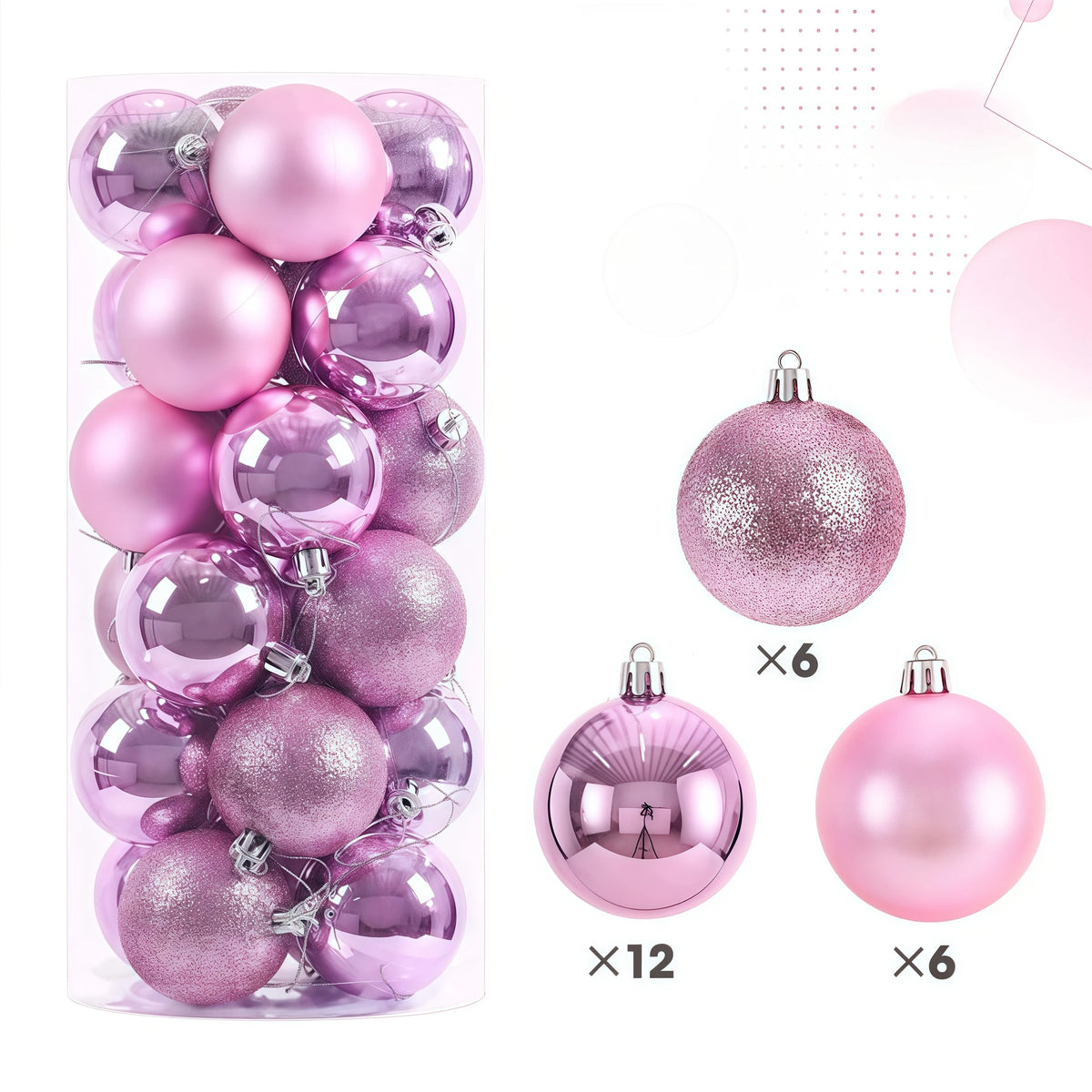 24-Piece Christmas Ball Ornaments Set – 3cm & 4cm Tree Baubles Christmas Tree Ornaments Babs PINK 4cm